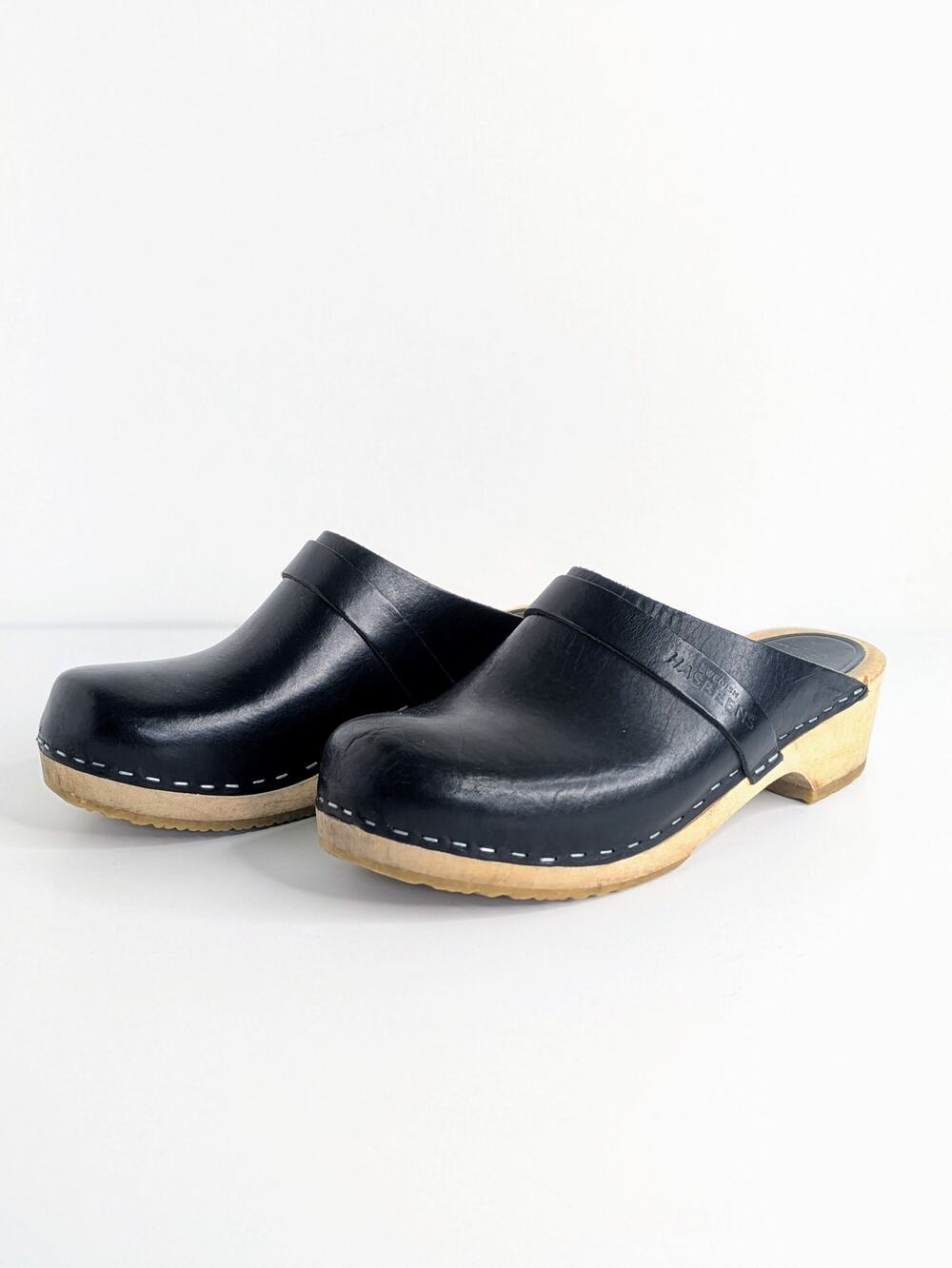 Swedish Hasbeens Husband Clogs 38 Black Leather Slip On Wood Sole Scandinavian